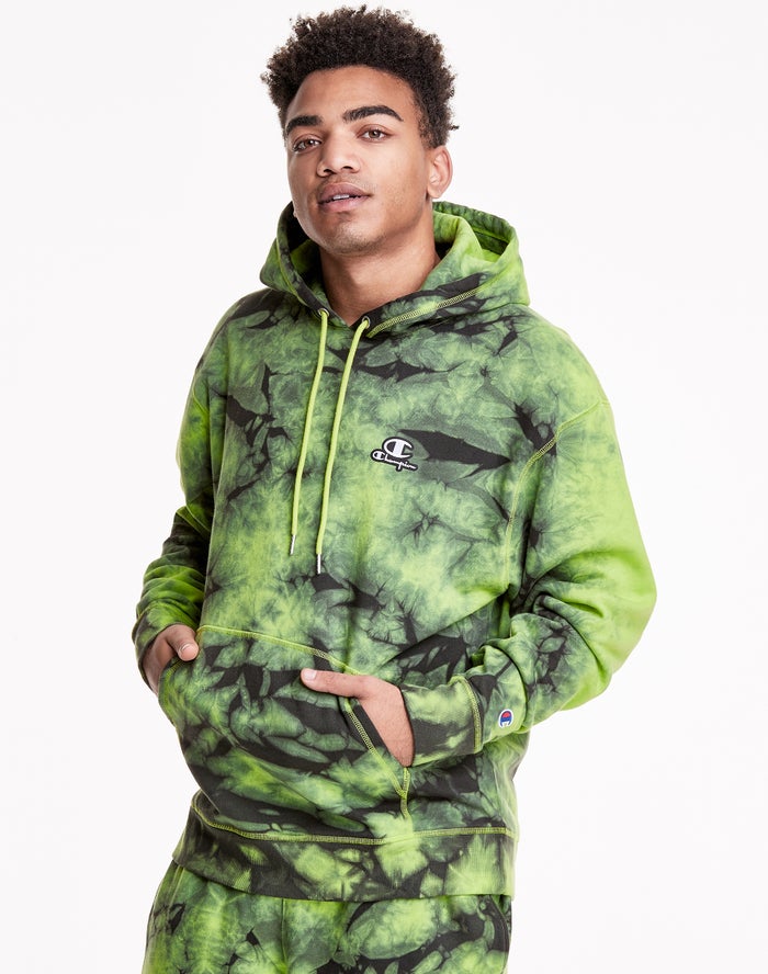 Champion Herre Hættetrøje Grøn/Sort - Galaxy Dye Embroidered C & Script Applique - Danmark AHS-05691